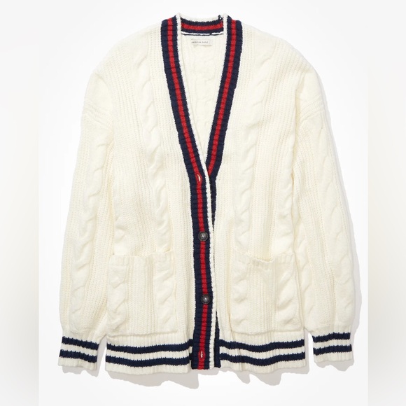 American Eagle Outfitters Sweaters - American Eagle Sz M Oversized Cable Knit Button-Up Cardigan Navy, Red & White
